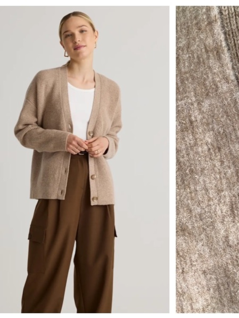 Quince Mongolian Cashmere Fisherman Boxy Cropped Cardigan Sweater Tan Oatmeal XS